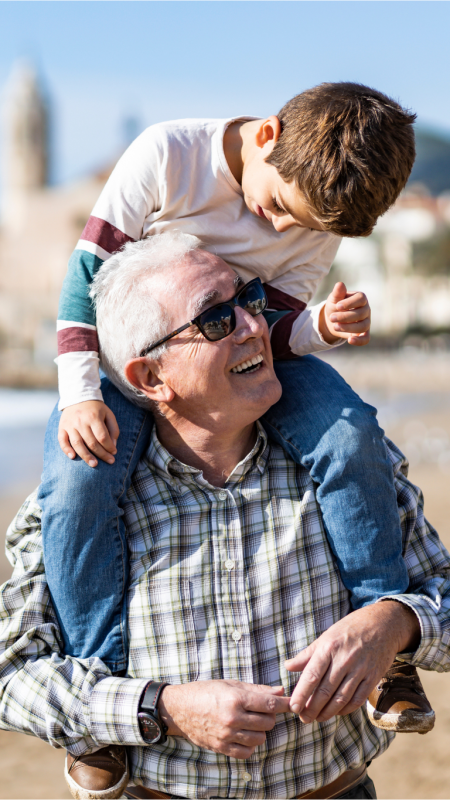 Prostate Health (Male) Image Prostate Health (Male) Image Alt Text: Grandfather carrying grandson on his shoulders at the beach.
